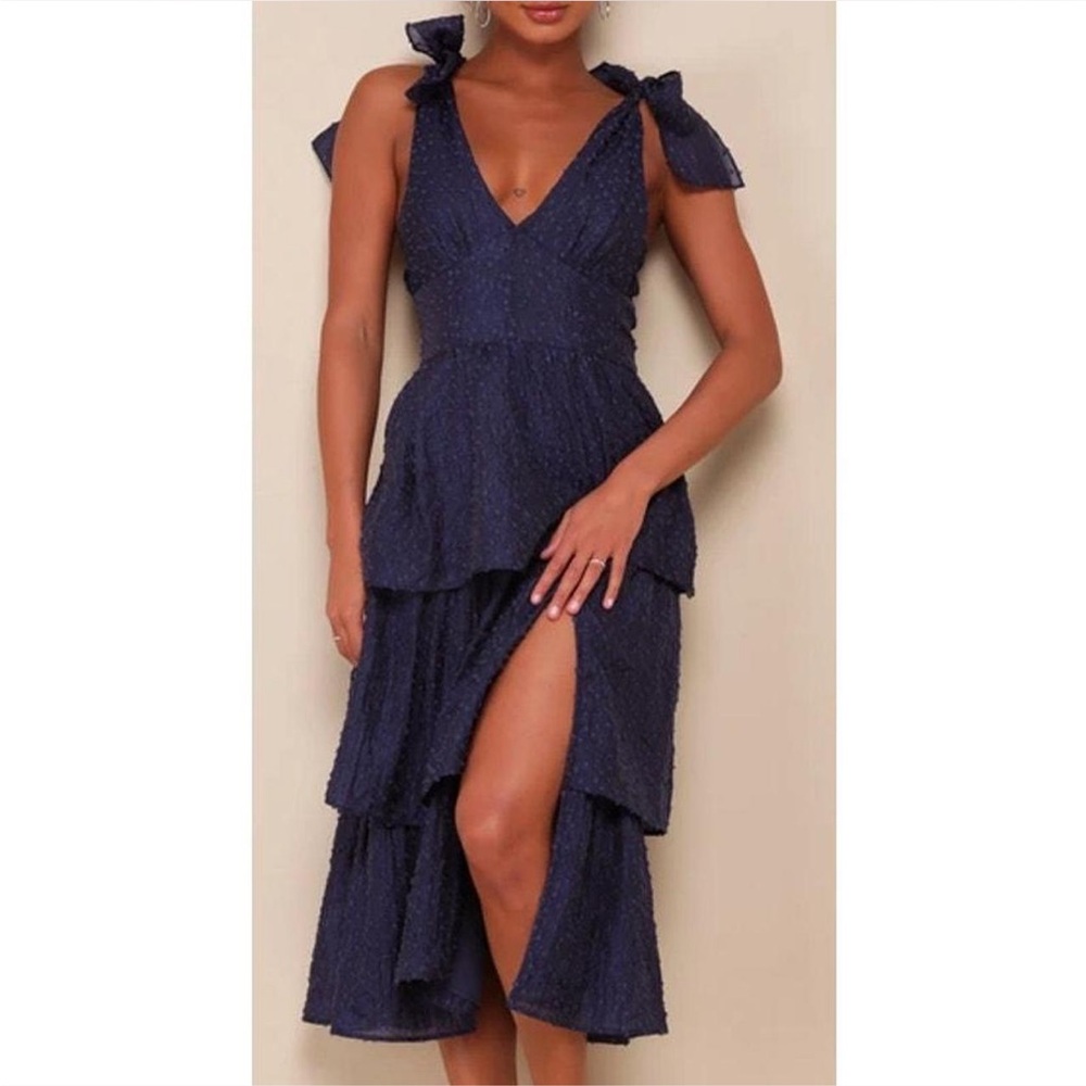 LULU’S XL Blissful Direction Navy Tie-Strap Clip Dot Bustier Midi Dress NEW